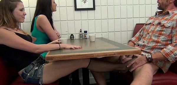  Daughter gives Footjob and BJ to Dad Under the Table